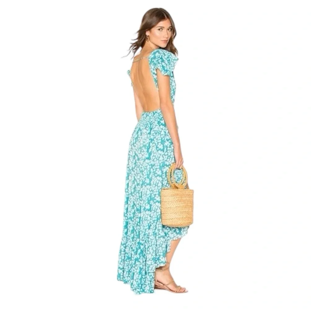 Tiare Hawaii Teal Floral Button Front Maxi Dress Ruffle Sleeve S/M NWOT